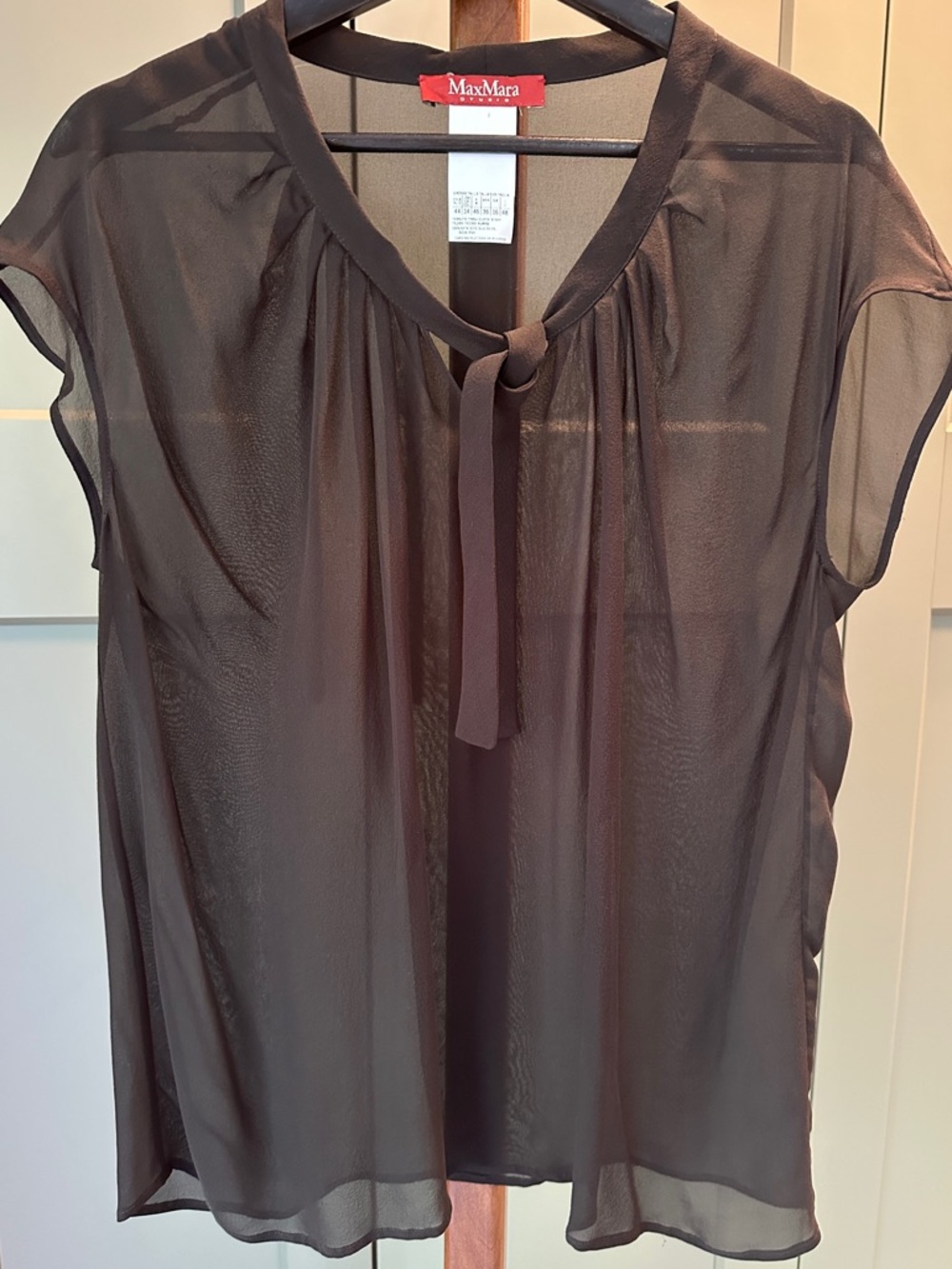 MaxMara Studio Sheer Black Silk Tie-Front Cap Sleeve Blouse 14